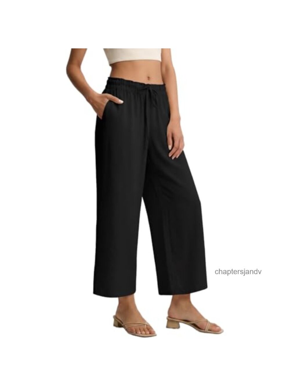 Wide Leg Palazzo Cropped Pants High Waist Drawstring Pockets Flowy Trousers
